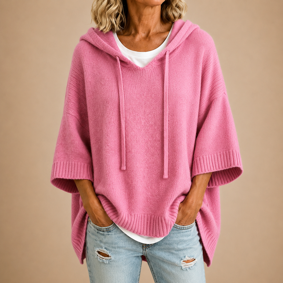 Knit Poncho with Hood and Three-Quarter Sleeves 8