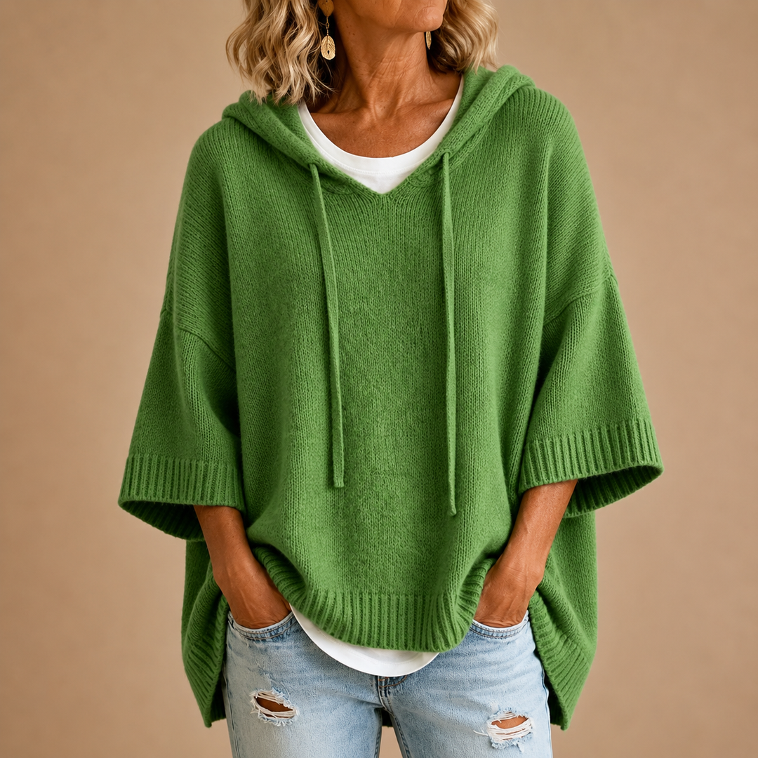 Knit Poncho with Hood and Three-Quarter Sleeves 5