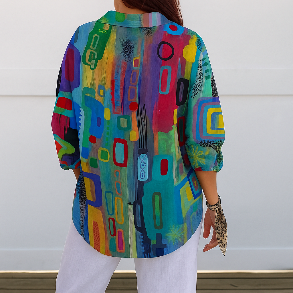 Women's Artistic Patterned Button-Up Blouse with Relaxed Fit 7