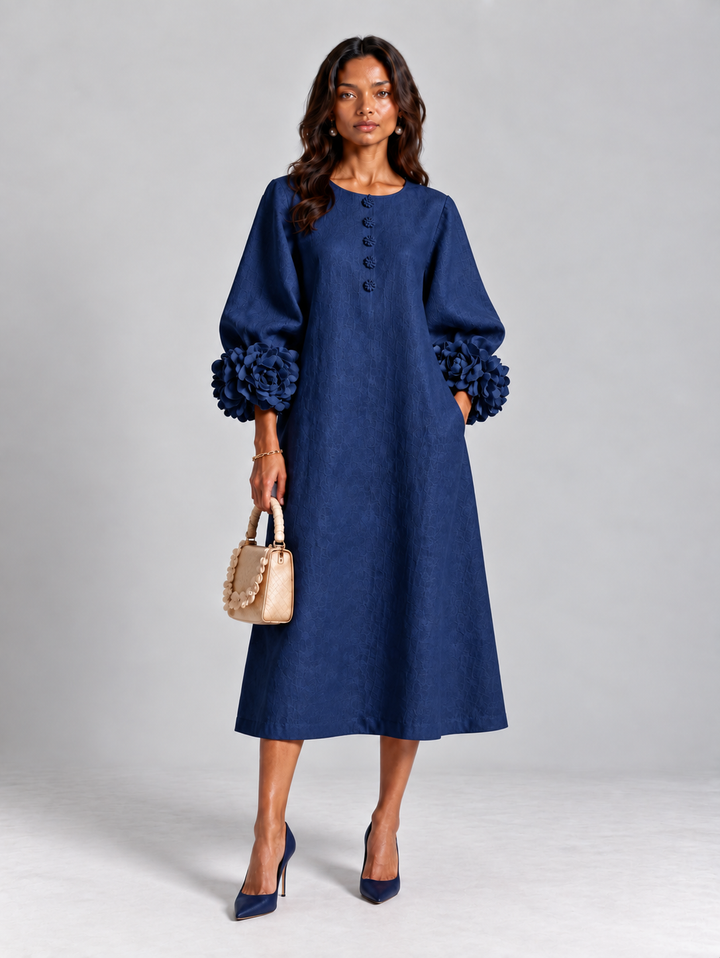 Elegant Long Flowy Dress with Puff Sleeves 10