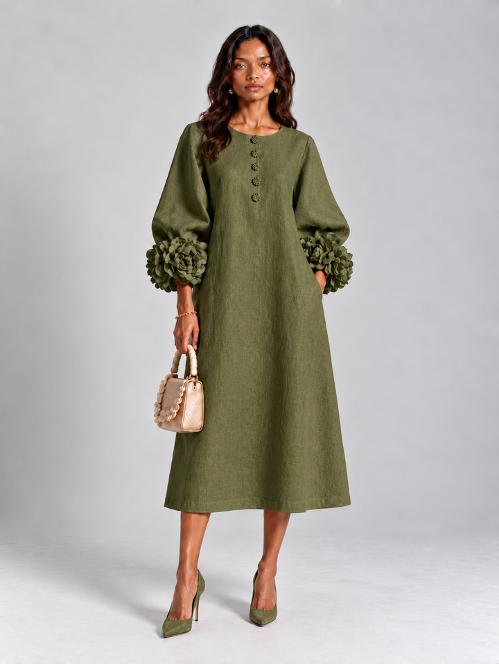 Elegant Long Flowy Dress with Puff Sleeves 11