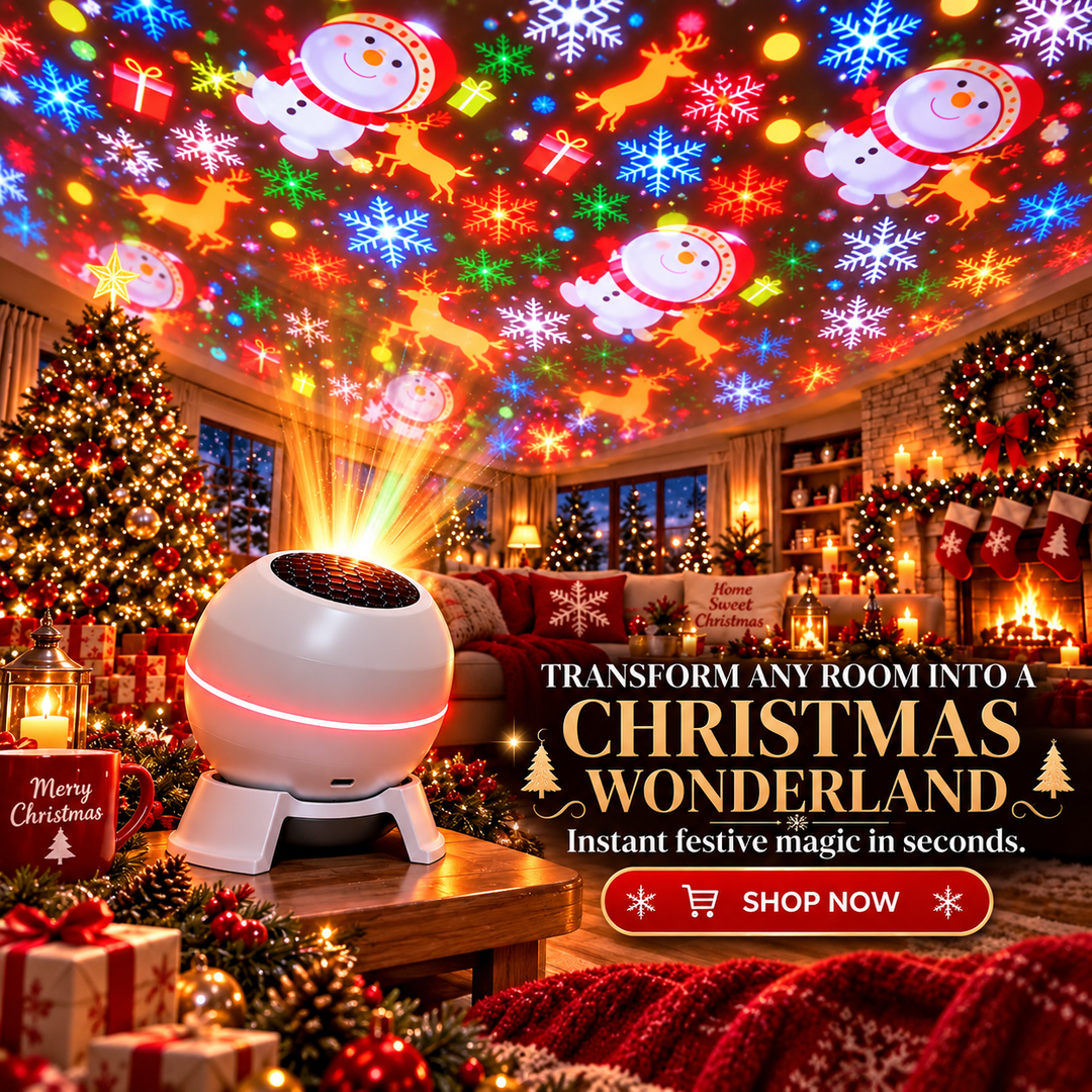 Christmas Light Projector with Moving Holiday Motifs, USB Powered, Compact 1