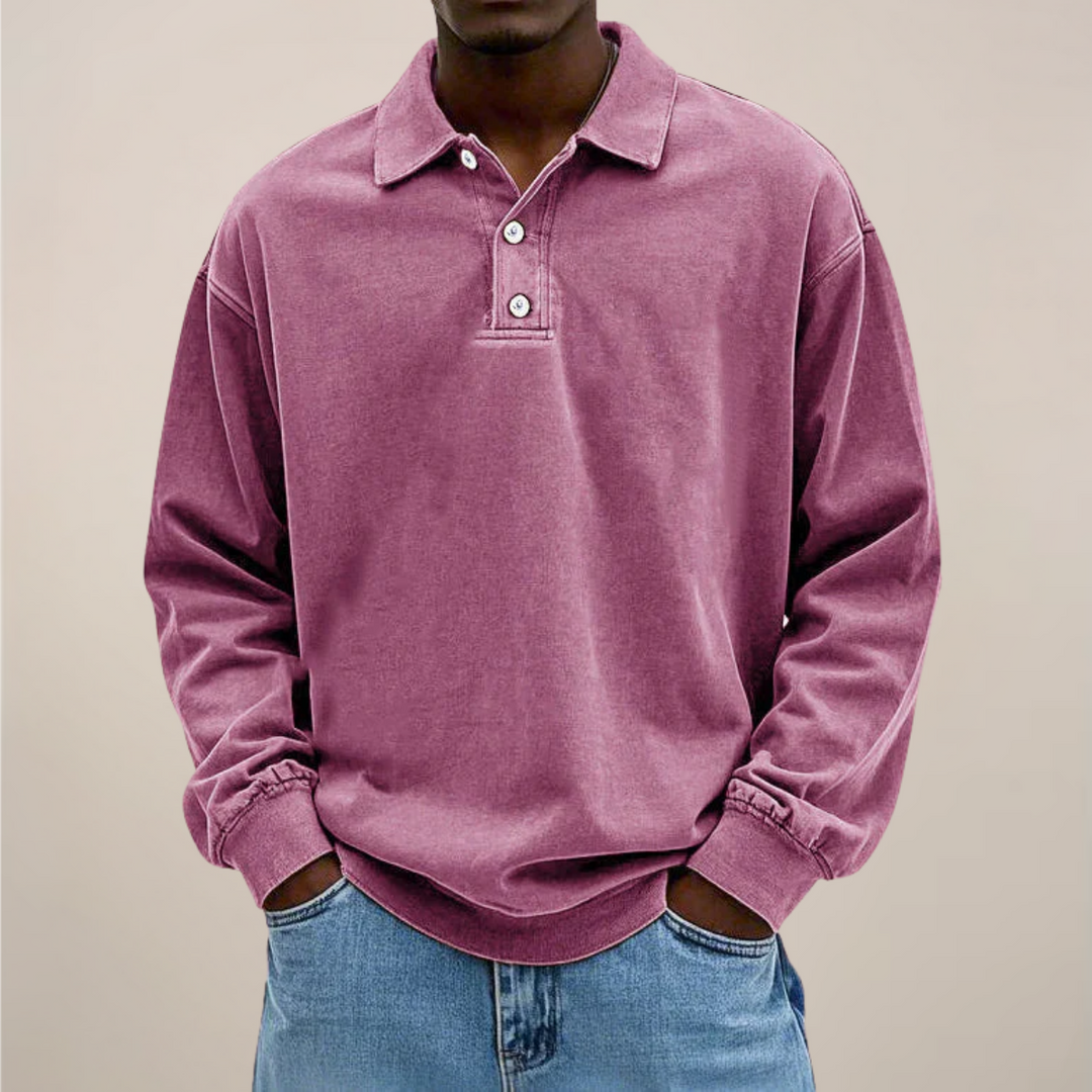 Men's Long Sleeve Polo Shirt with Button Placket and Relaxed Fit 10