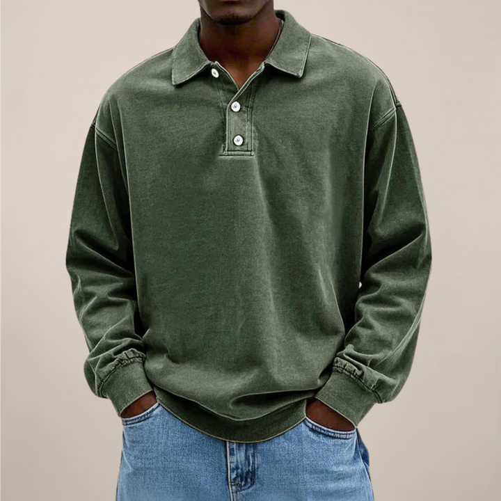 Men's Long Sleeve Polo Shirt with Button Placket and Relaxed Fit 2