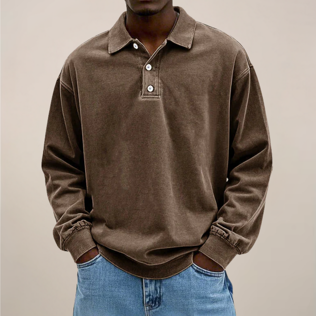 Men's Long Sleeve Polo Shirt with Button Placket and Relaxed Fit 3