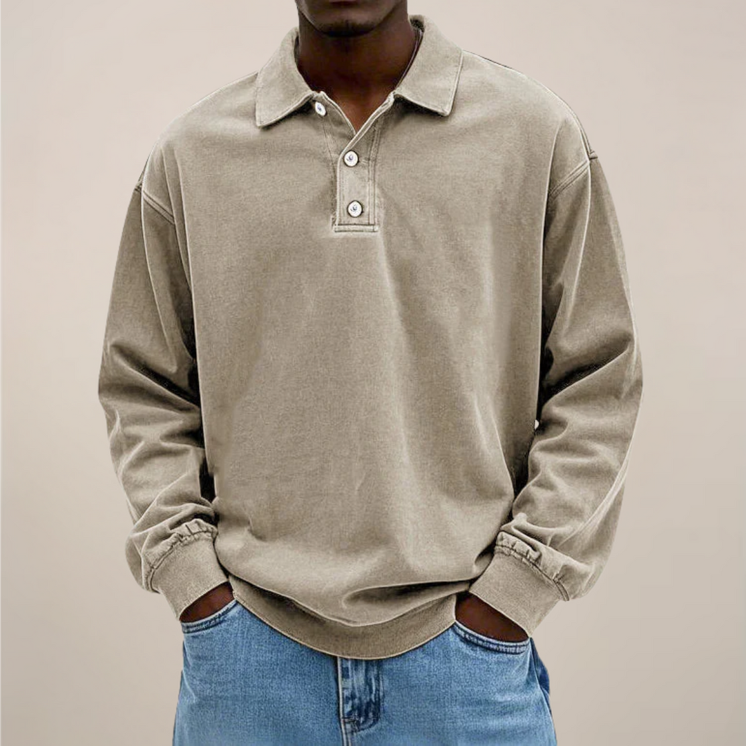 Men's Long Sleeve Polo Shirt with Button Placket and Relaxed Fit 6