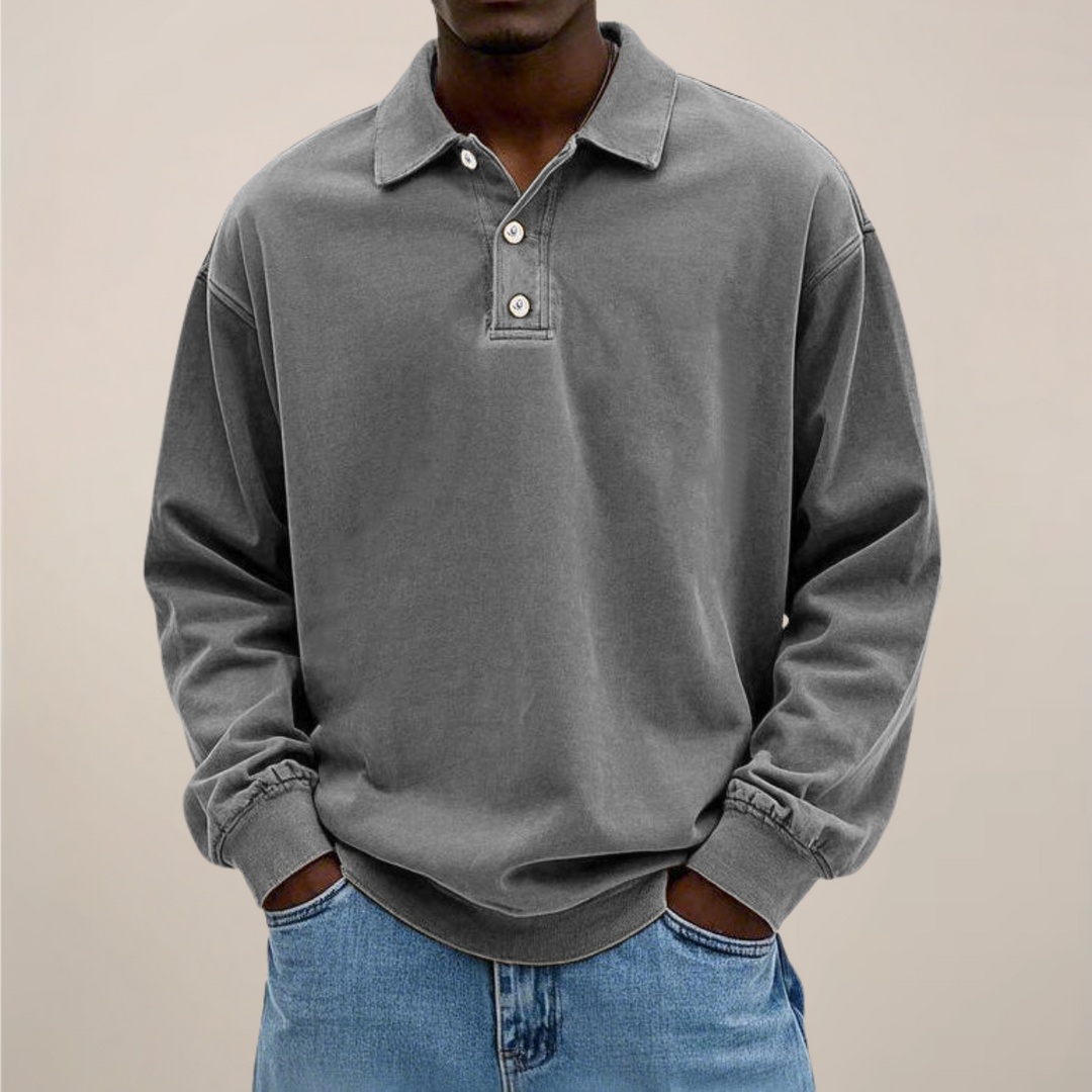 Men's Long Sleeve Polo Shirt with Button Placket and Relaxed Fit 7