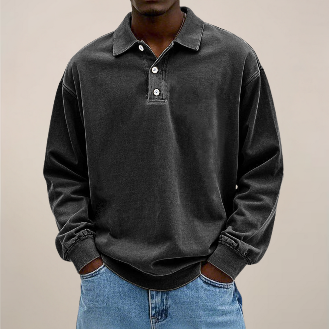 Men's Long Sleeve Polo Shirt with Button Placket and Relaxed Fit 8