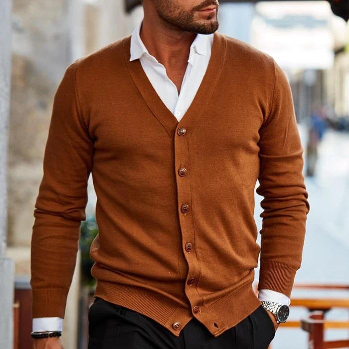 Men's V-Neck Button-Front Cardigan with Ribbed Cuffs and Hem 2