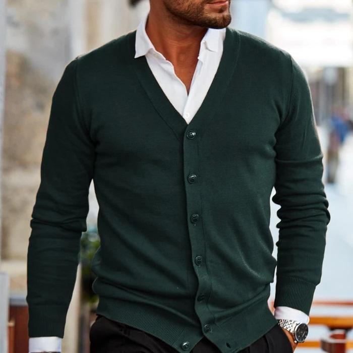 Men's V-Neck Button-Front Cardigan with Ribbed Cuffs and Hem 3