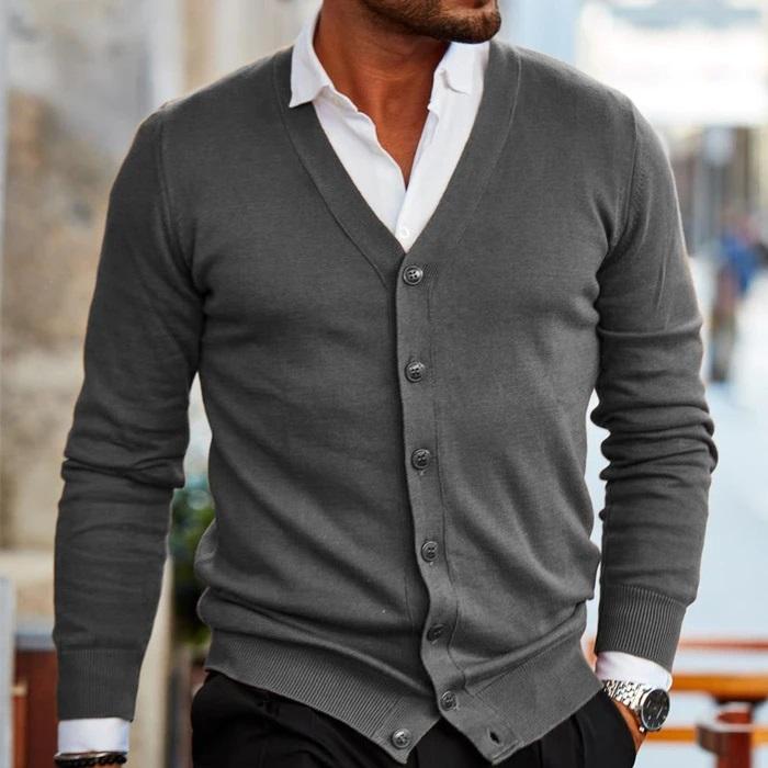 Men's V-Neck Button-Front Cardigan with Ribbed Cuffs and Hem 4