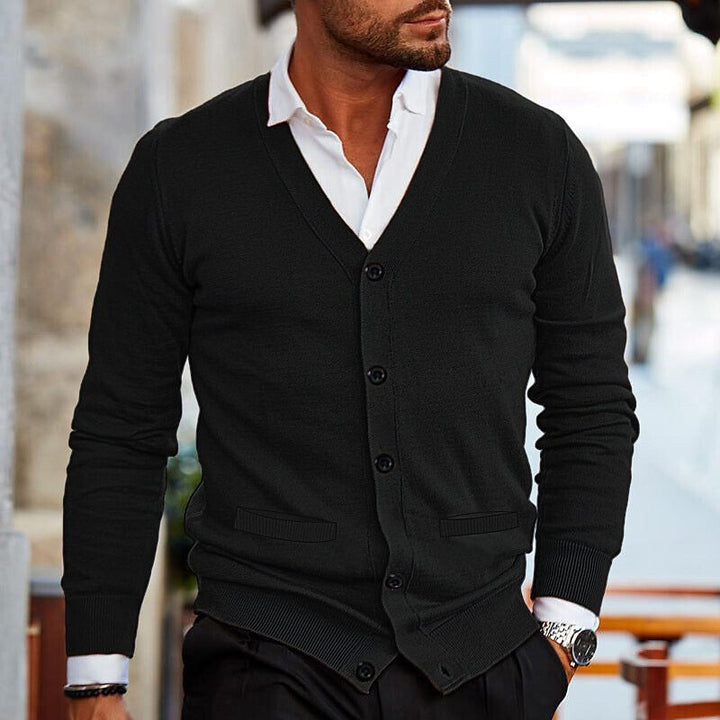Men's V-Neck Button-Front Cardigan with Ribbed Cuffs and Hem 5