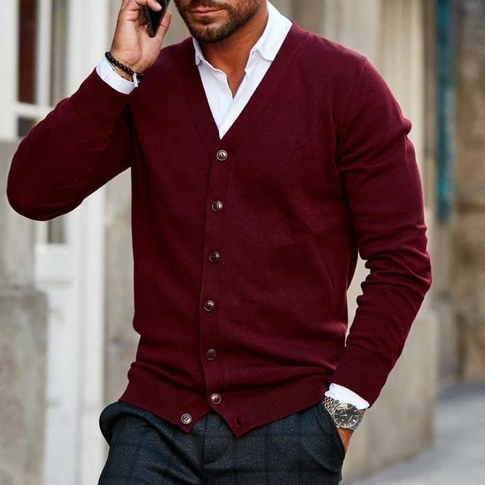 Men's V-Neck Button-Front Cardigan with Ribbed Cuffs and Hem 1