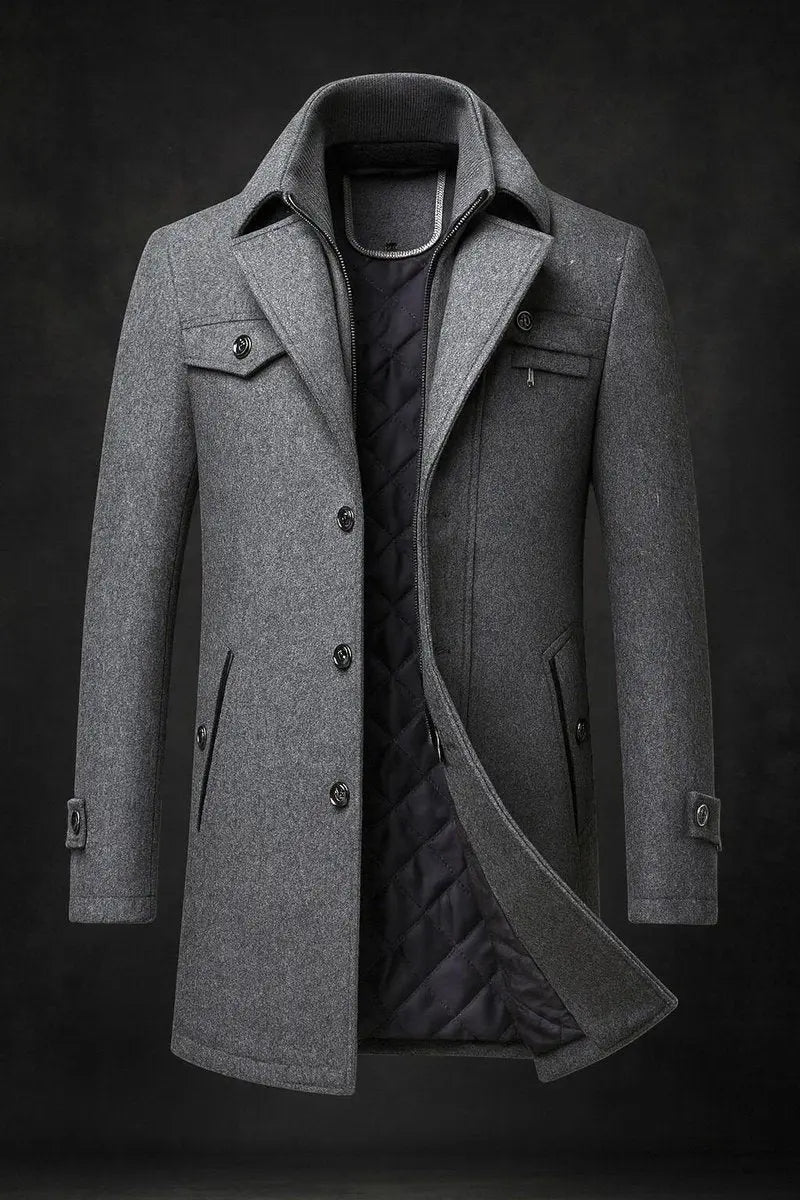 Men's Classic Wool Overcoat with Double Collar and Quilted Satin Lining 4