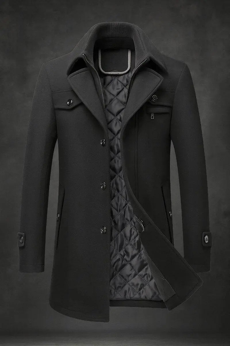 Men's Classic Wool Overcoat with Double Collar and Quilted Satin Lining 5