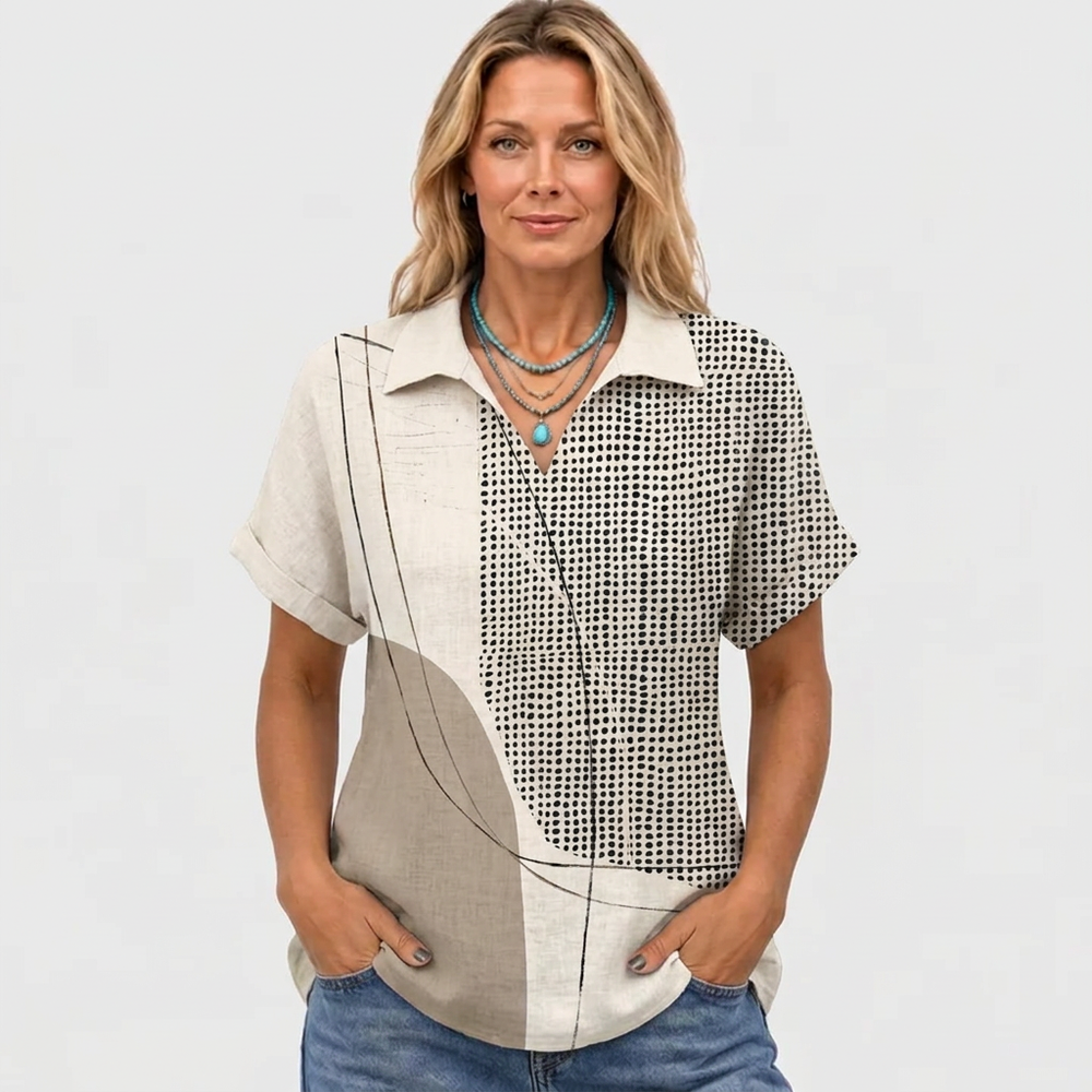 Abstract Print Collared Shirt in Cotton Linen Blend 2