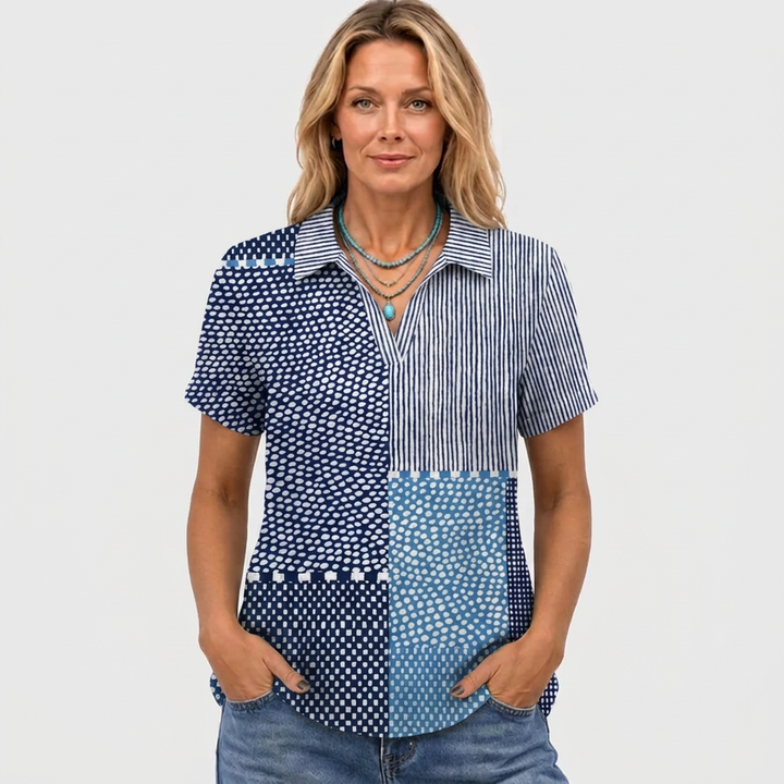 Patchwork Print Collared Shirt in Navy and Blue, Cotton Linen Blend 2