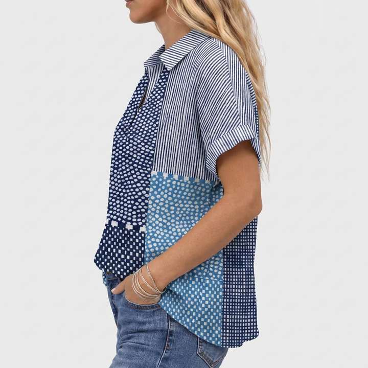Patchwork Print Collared Shirt in Navy and Blue, Cotton Linen Blend 3