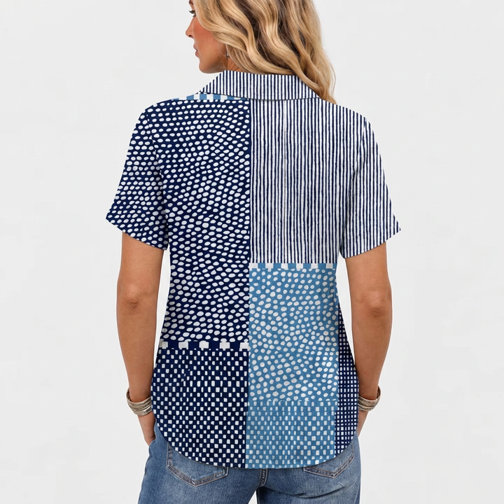 Patchwork Print Collared Shirt in Navy and Blue, Cotton Linen Blend 4