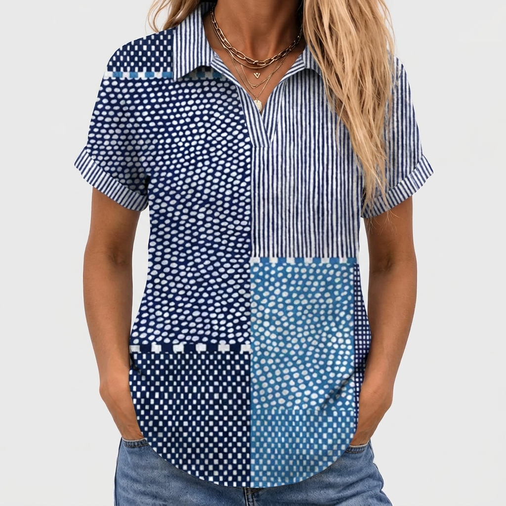 Patchwork Print Collared Shirt in Navy and Blue, Cotton Linen Blend 1