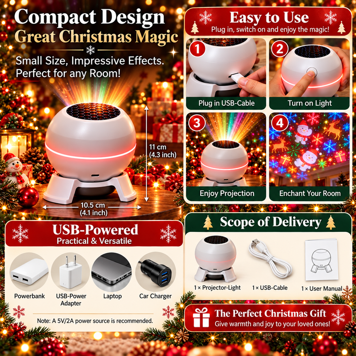 Christmas Light Projector with Moving Holiday Motifs, USB Powered, Compact 5