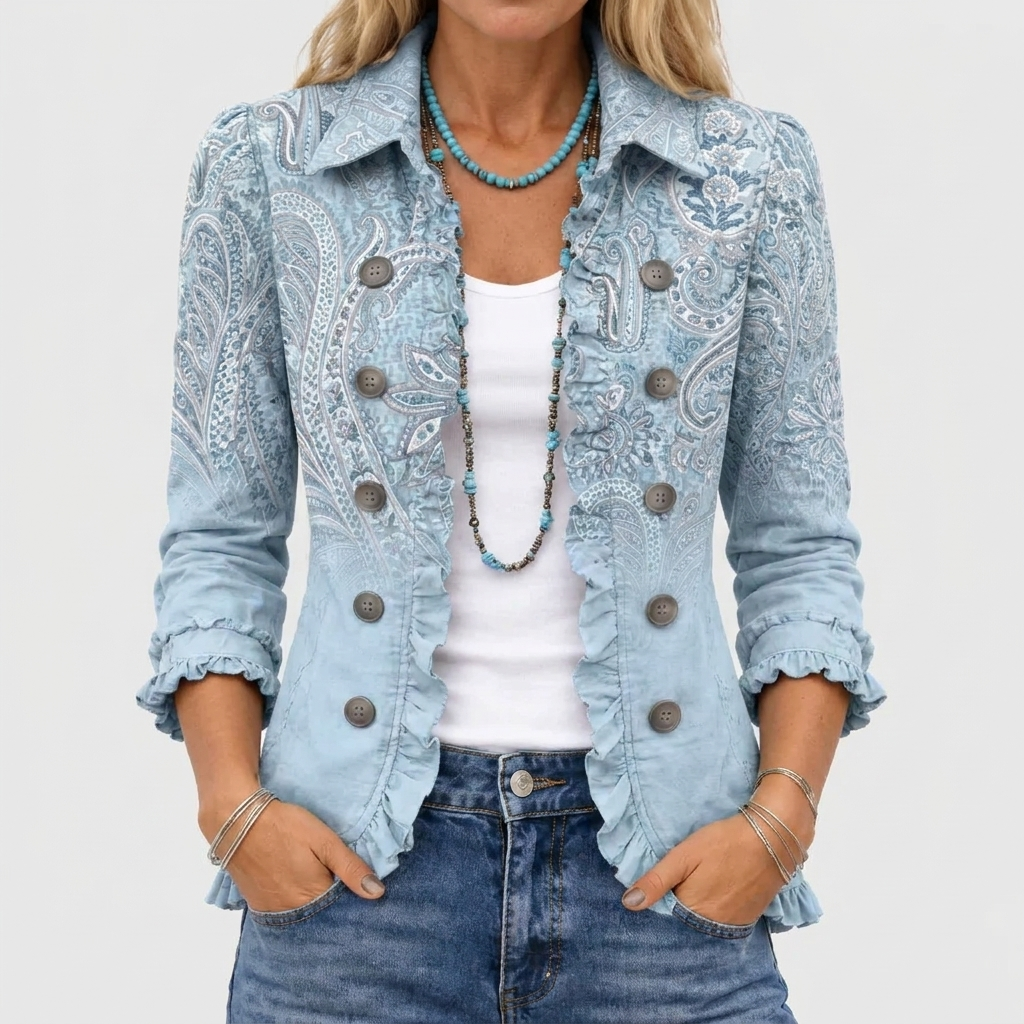Retro Paisley Ruffled Jacket with Open Front and Collar 1
