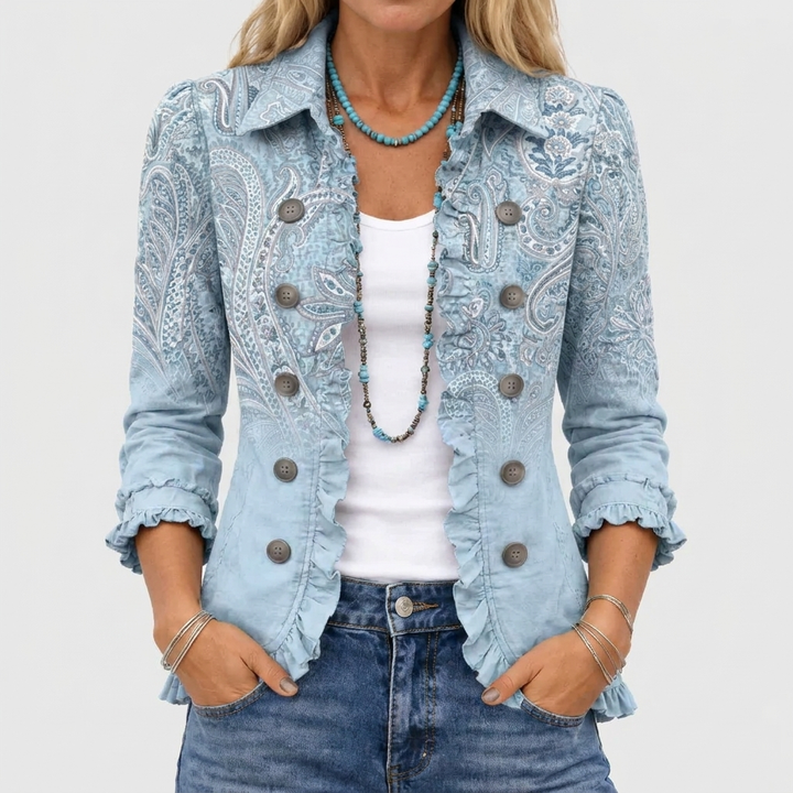 Retro Paisley Ruffled Jacket with Open Front and Collar 1