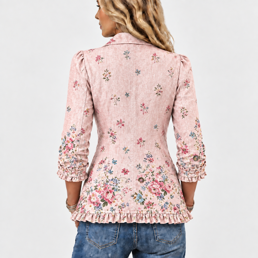 Floral Ruffle Button-Up Jacket with Collar and Open Front 5