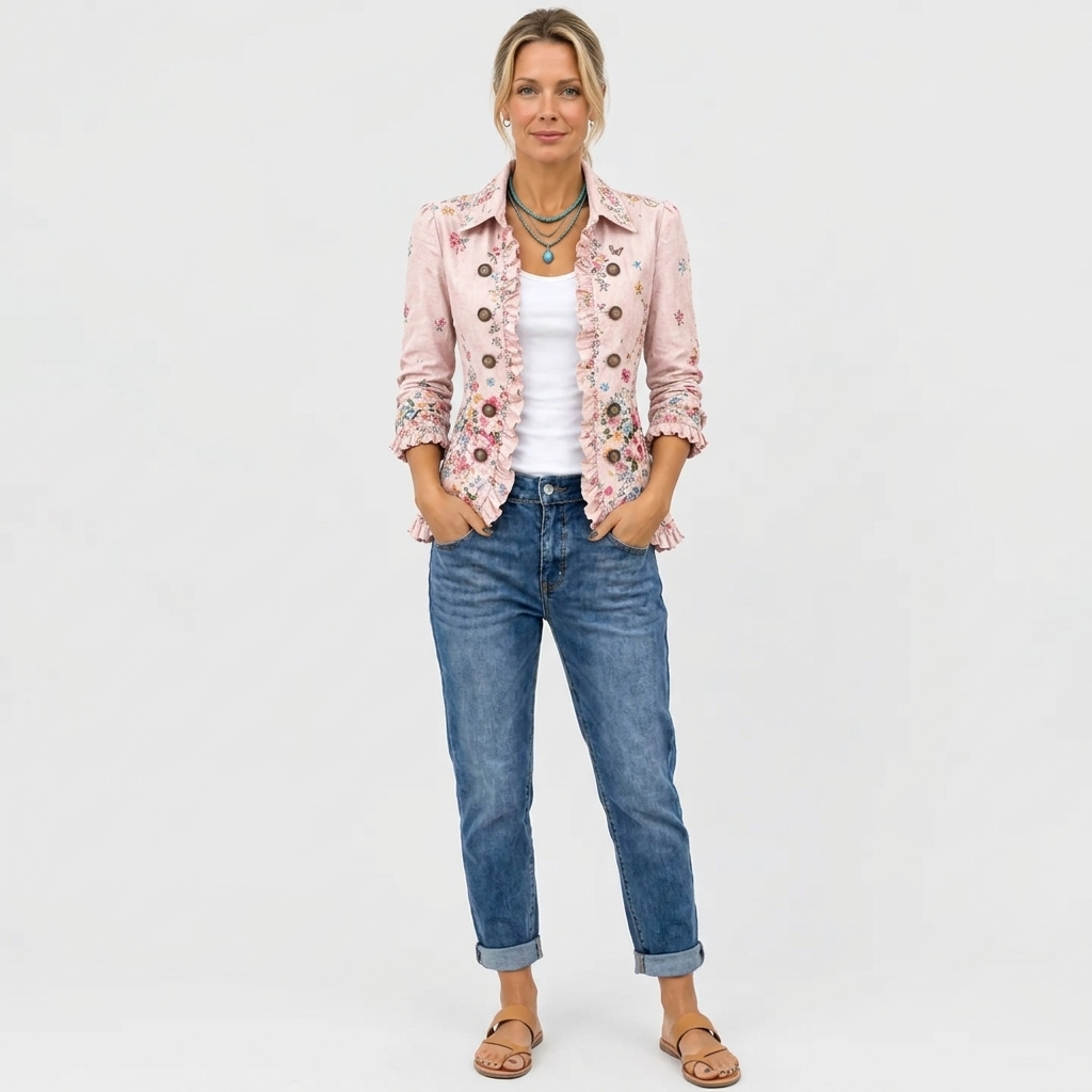 Floral Ruffle Button-Up Jacket with Collar and Open Front 4