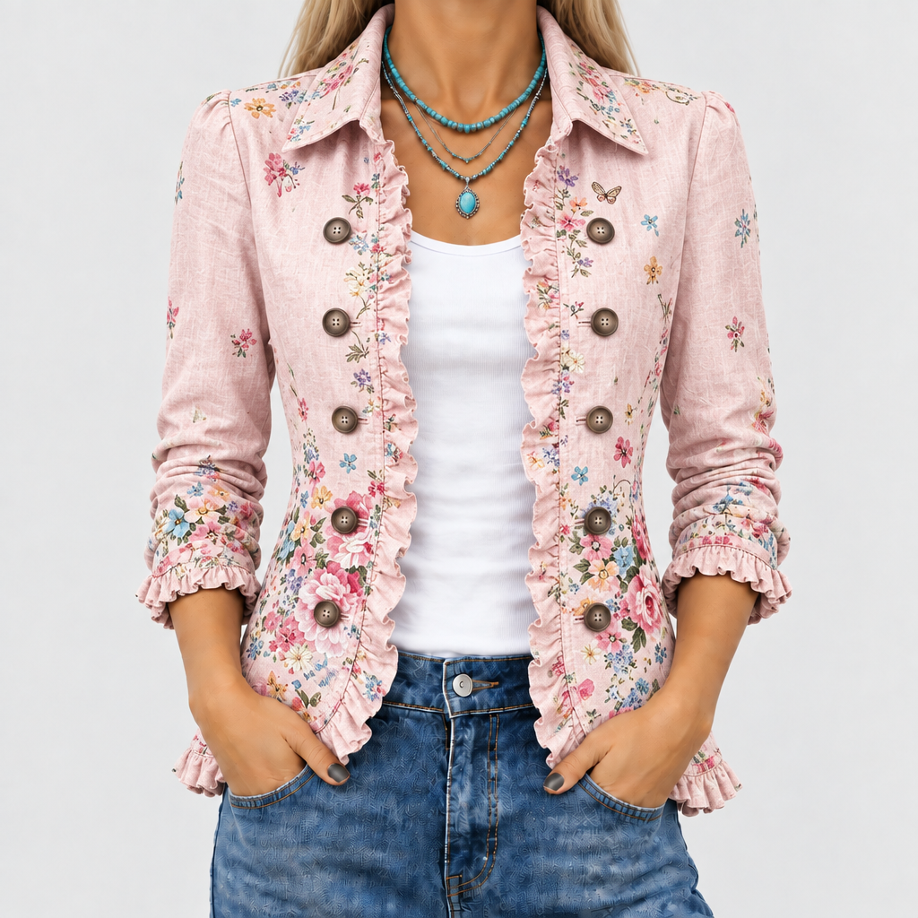 Floral Ruffle Button-Up Jacket with Collar and Open Front 1