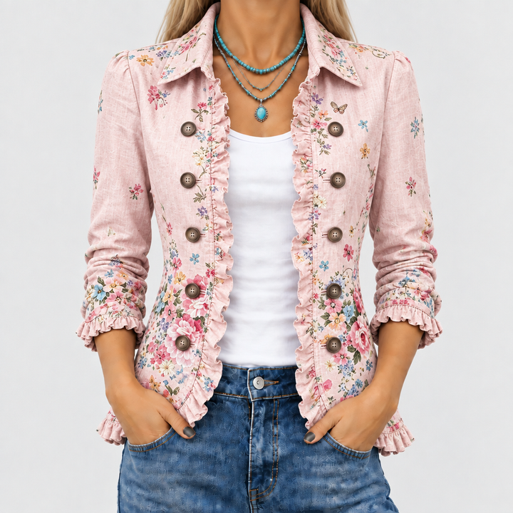 Floral Ruffle Button-Up Jacket with Collar and Open Front 1