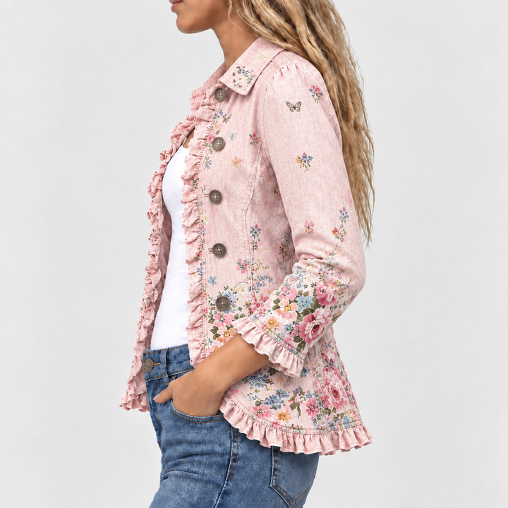 Floral Ruffle Button-Up Jacket with Collar and Open Front 3