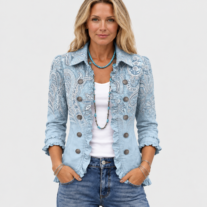 Retro Paisley Ruffled Jacket with Open Front and Collar 2