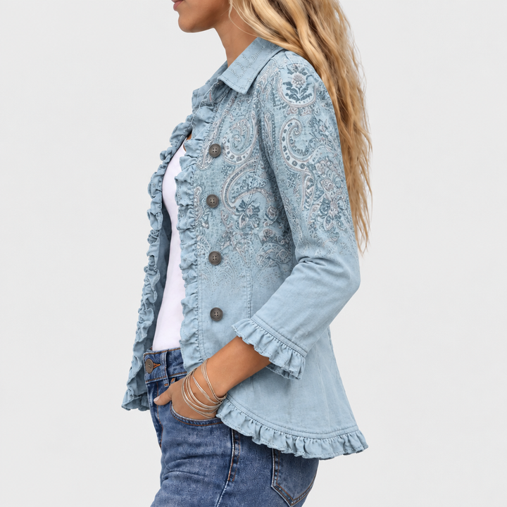 Retro Paisley Ruffled Jacket with Open Front and Collar 4