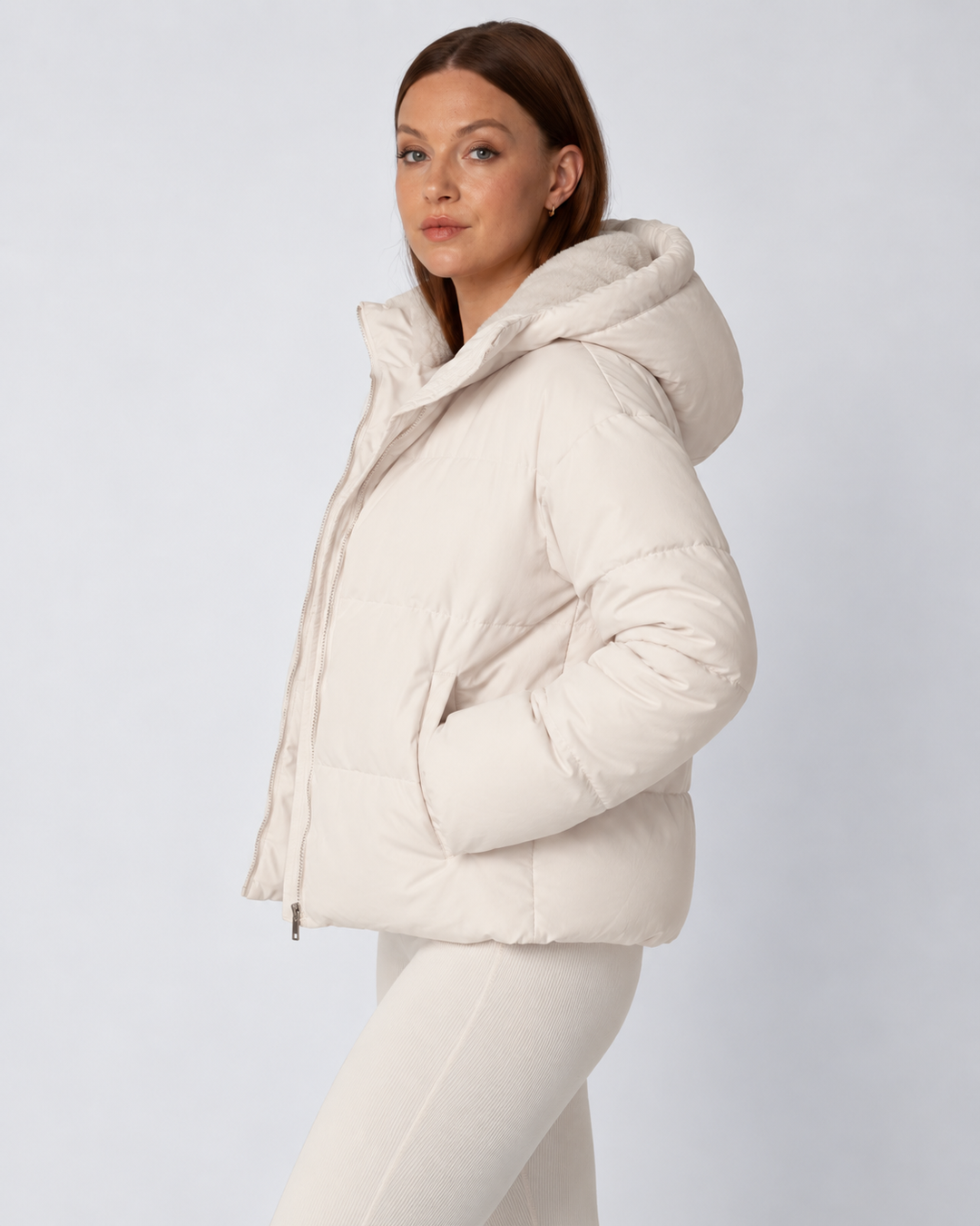 Women's Cropped Padded Puffer Jacket with Detachable Hood and Fleece Lining 3