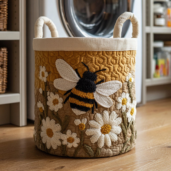 Quilted Daisy and Bee Laundry Basket with Canvas Handles, Self-Standing 1