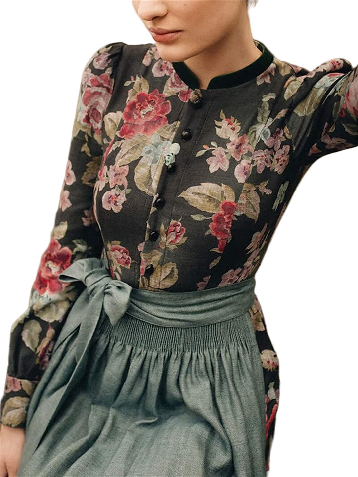 Women's Long Vintage Floral Dirndl Dress with Apron, Premium Fabric 2