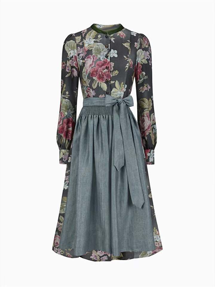 Women's Long Vintage Floral Dirndl Dress with Apron, Premium Fabric 1