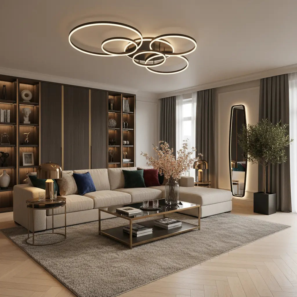 Modern Black LED Ceiling Light with 5 or 6 Dimmable Rings and Remote 5