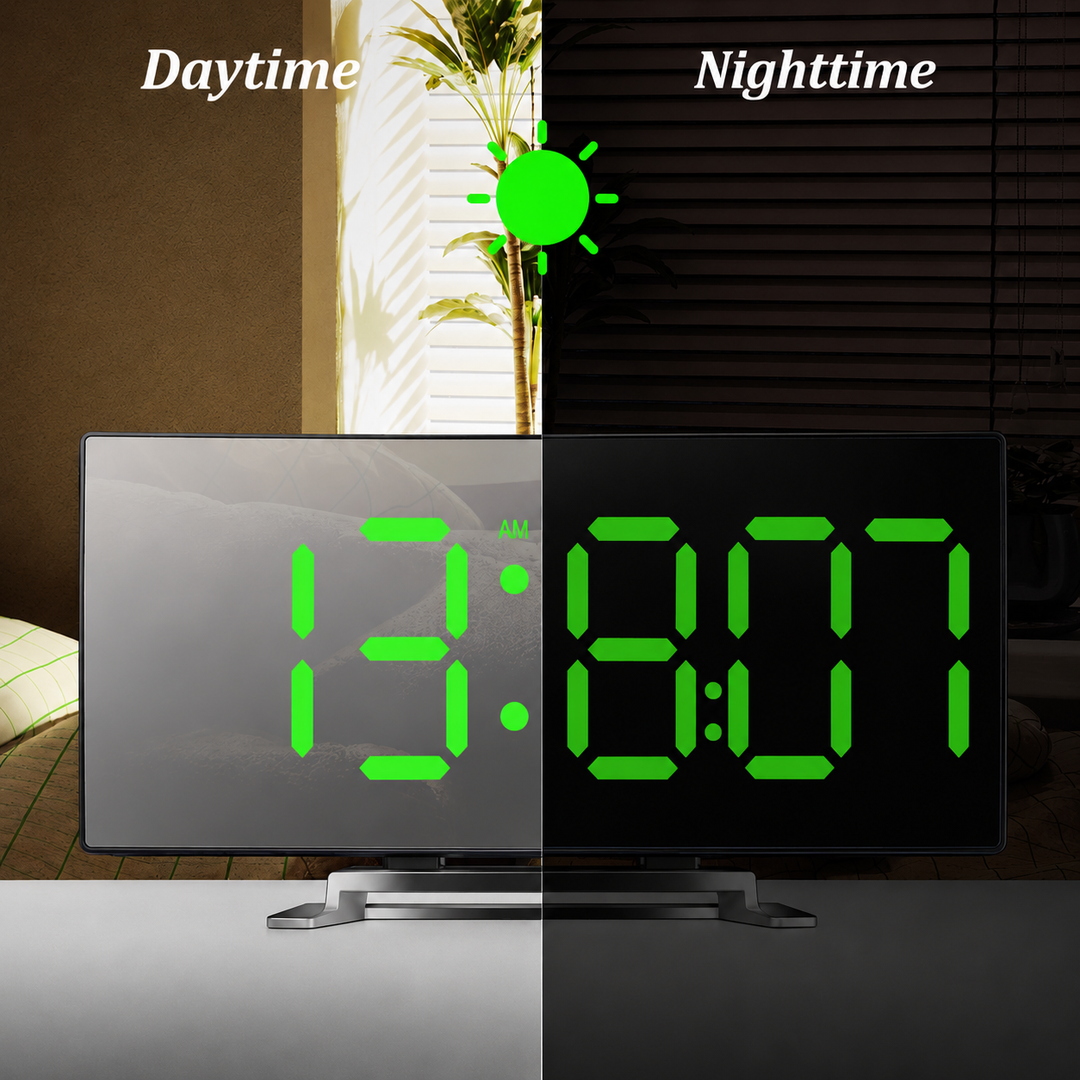 Digital Alarm Clock | Curved LED Mirror Display | Auto-Dimming 3