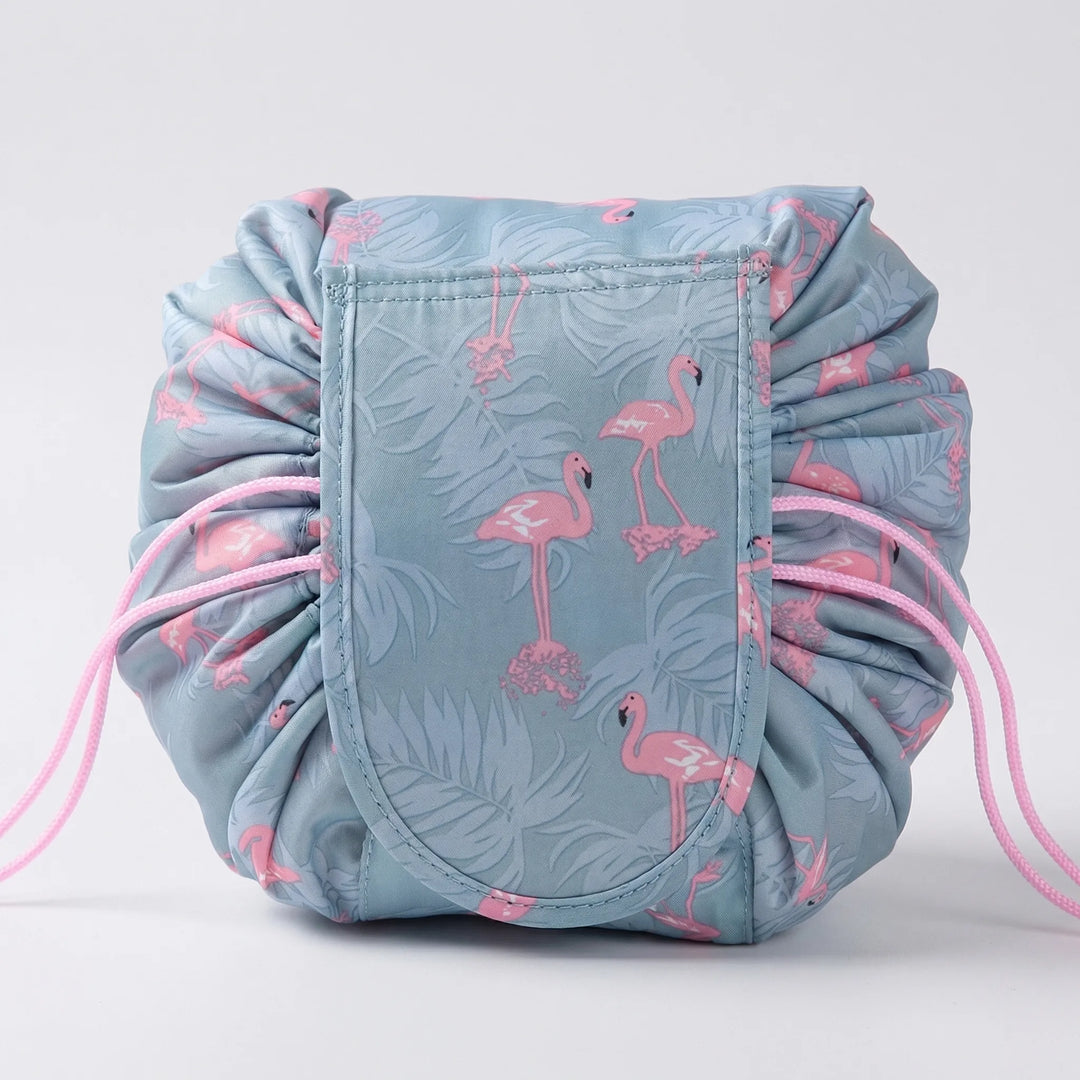 Drawstring Makeup Bag - For Women - Opens Flat - Water-Repellent - Dual Drawstrings - Tropical Flamingo Print