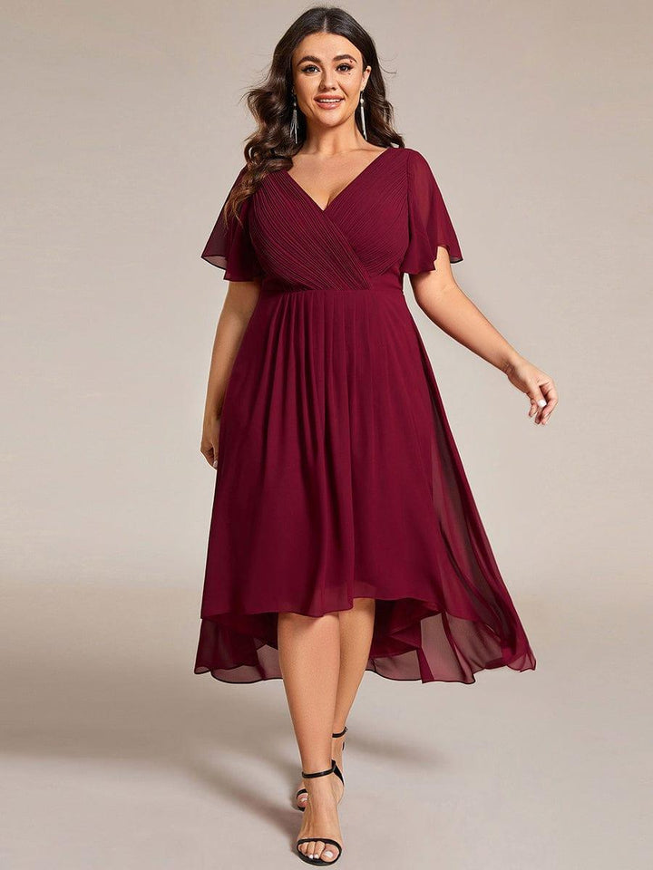 Chiffon High-Low Wedding Guest Dress with V-Neck and Short Sleeves 49