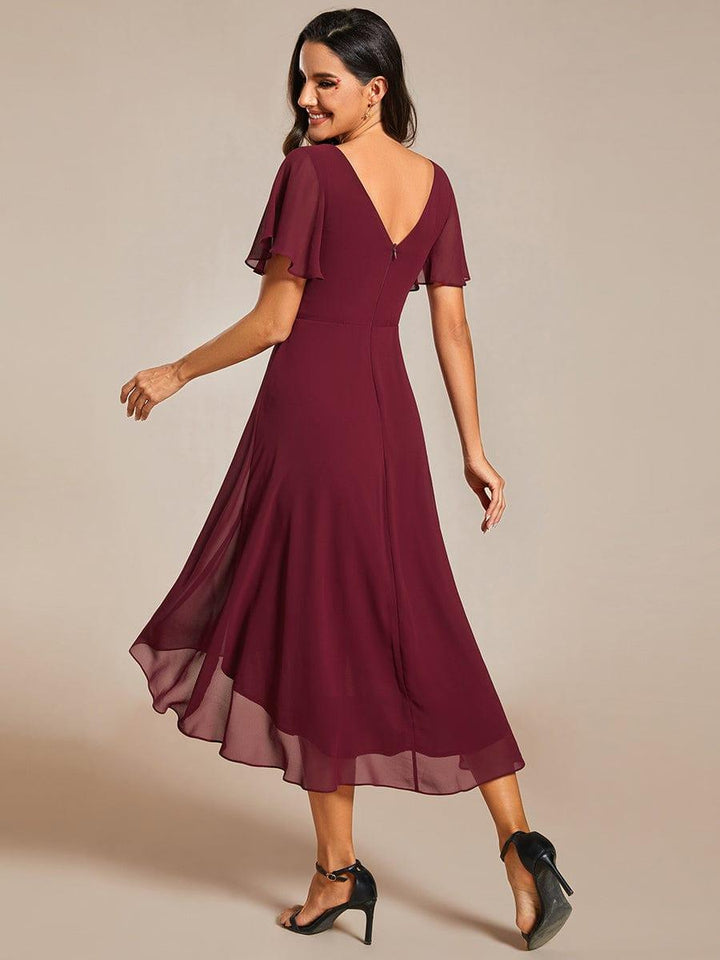 Chiffon High-Low Wedding Guest Dress with V-Neck and Short Sleeves 4