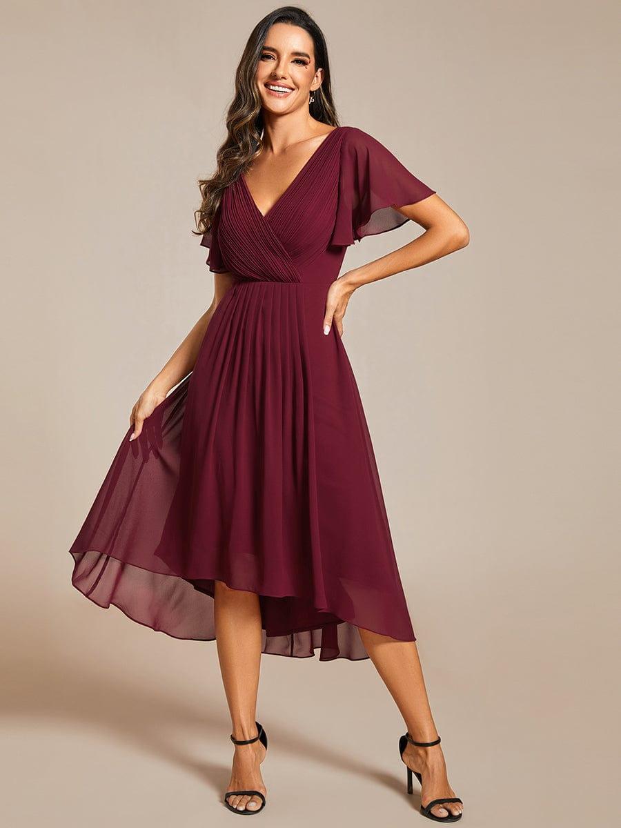 Chiffon High-Low Wedding Guest Dress with V-Neck and Short Sleeves 48