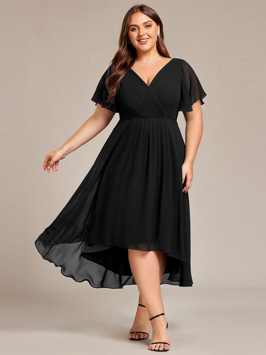 Chiffon High-Low Wedding Guest Dress with V-Neck and Short Sleeves 26