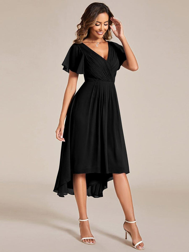 Chiffon High-Low Wedding Guest Dress with V-Neck and Short Sleeves 25