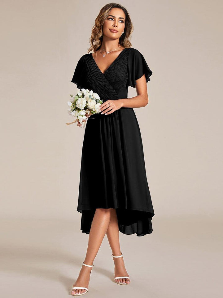Chiffon High-Low Wedding Guest Dress with V-Neck and Short Sleeves 24