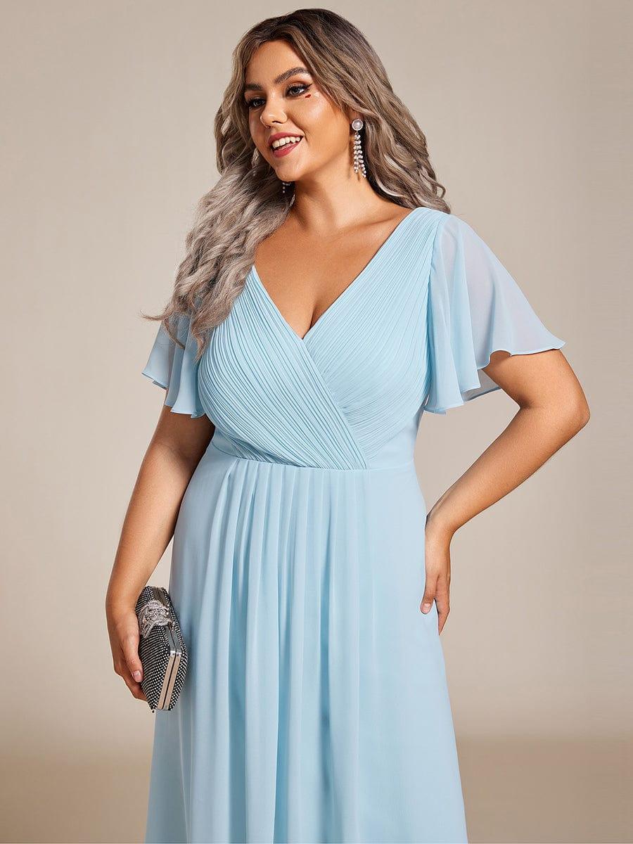 Chiffon High-Low Wedding Guest Dress with V-Neck and Short Sleeves 91