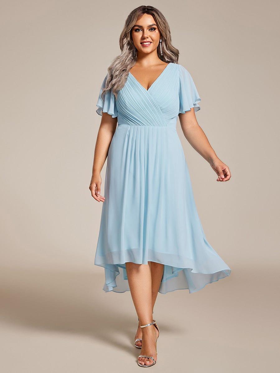 Chiffon High-Low Wedding Guest Dress with V-Neck and Short Sleeves 89