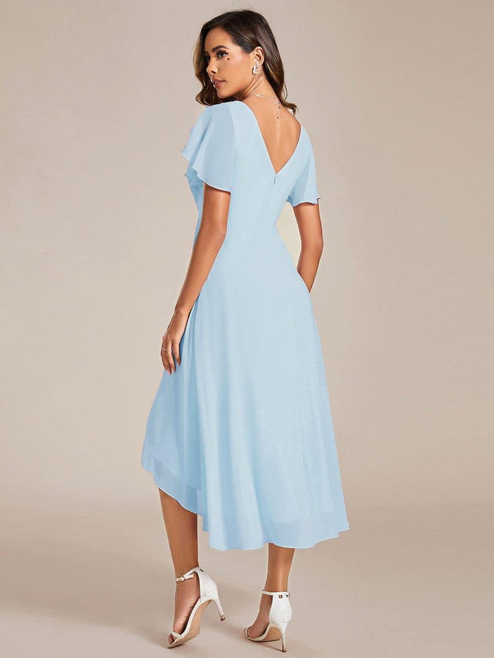 Chiffon High-Low Wedding Guest Dress with V-Neck and Short Sleeves 85